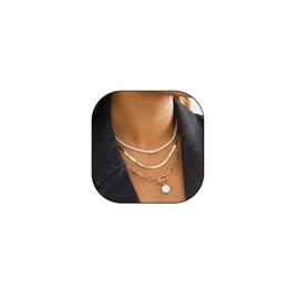 Layered Pearl Herringbone OT Necklace Set for Women Adjustable Baroque Beaded Paper Clip Chain Choker Vintage Toggle Buckle Necklace Wedding Jewelry (Gold)