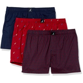 Nautica Men's Classic Cotton 3-Pack Woven Boxer, Peacoat/Anchor Print/Multi Sails Red, Medium