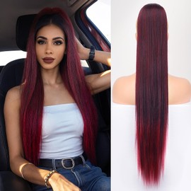 ORSUNCER Drawstring Ponytail Extension, Long Straight Pony Tails Hair Extensions Natural Soft Clip in Ponytail for Women Synthetic Hairpieces Omber Burgundy
