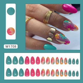 Flower Press on Nails Medium Almond False Nails Solid Colors Stick on Nails Colorful Floral Design Acrylic Coffin Nails Full Cover Almond Press Ones Artificial Nails Glossy Glue on Nails for Women