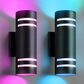 SHIMR Modern RGBCW Outdoor Wall Lights 2 Pack, Color Changing Outdoor Sconce Lights with APP Control, Matte Black Cylinder Exterior Lighting Fixtures Waterproof Up Down Lights for House Porch Garage
