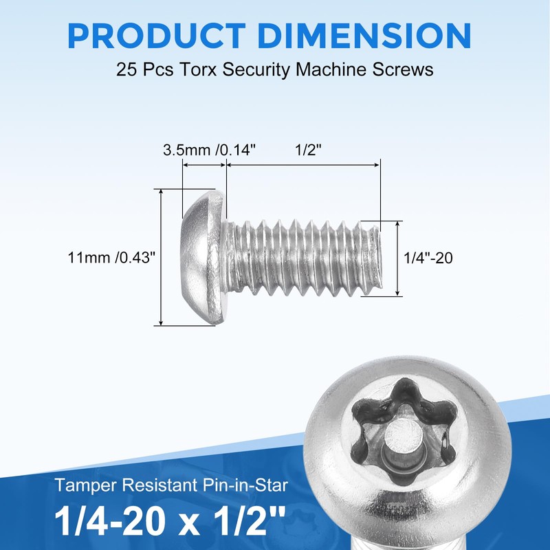 sourcing map 25Pcs Torx Security Machine Screws, 1/4-20 x 1/2"