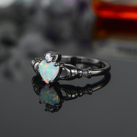 Crown Heart Opal Claddagh Rings for Women Men 18K Black Gold Plated Hollow Out Engagement Wedding Birthstone Statement Band Fashion Jewelry (6)