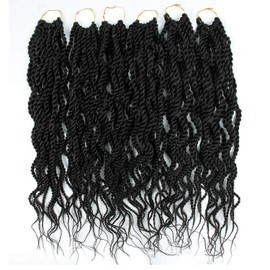 18Inch Wavy Senegalese Twist Crochet Hair Braids Wavy Ends Synthetic Hair Extension Curly Crochet Twist Braiding Hair (6Packs,#1B)