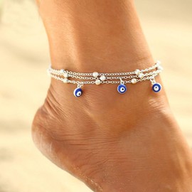 Xduargs Boho Layered Evil Eye Ankle Bracelet Vintage Demon Eye Foot Chain Silver Blue Eye Chain Bracelet Summer Beach Adjustable Ball Ankle Bracelet Jewelry for Women and Girls