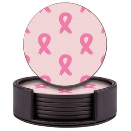 Juego de 6 posavasos redondos de cuero con soporte para bar, bebidas, café (patrón de cinta de concienciación sobre el cáncer de mama)