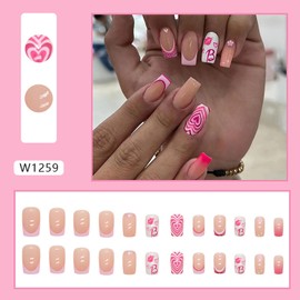Press on Nails Medium Square Pink 24Pcs Glossy Full Cover Artificial French Fake Nails with Heart Lips Designs Reusable Coffin Acrylic False Nails Glue on Fingernails with Charm for Women