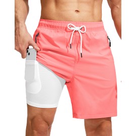 Viodia Men's Swim Trunks with Compression Liner Quick Dry Board Shorts Swimsuit Swimwear for Men with Zipper Pockets Hyper Pink