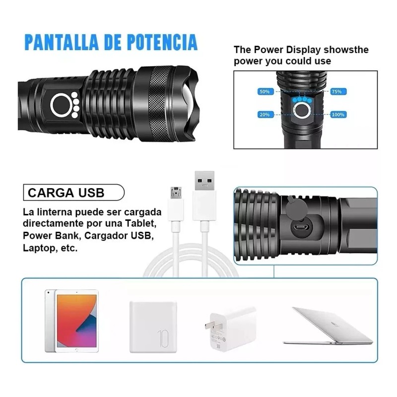Lampara Tictica 32000 Lm Bateria Extra Grande Usb Recargable Linterna