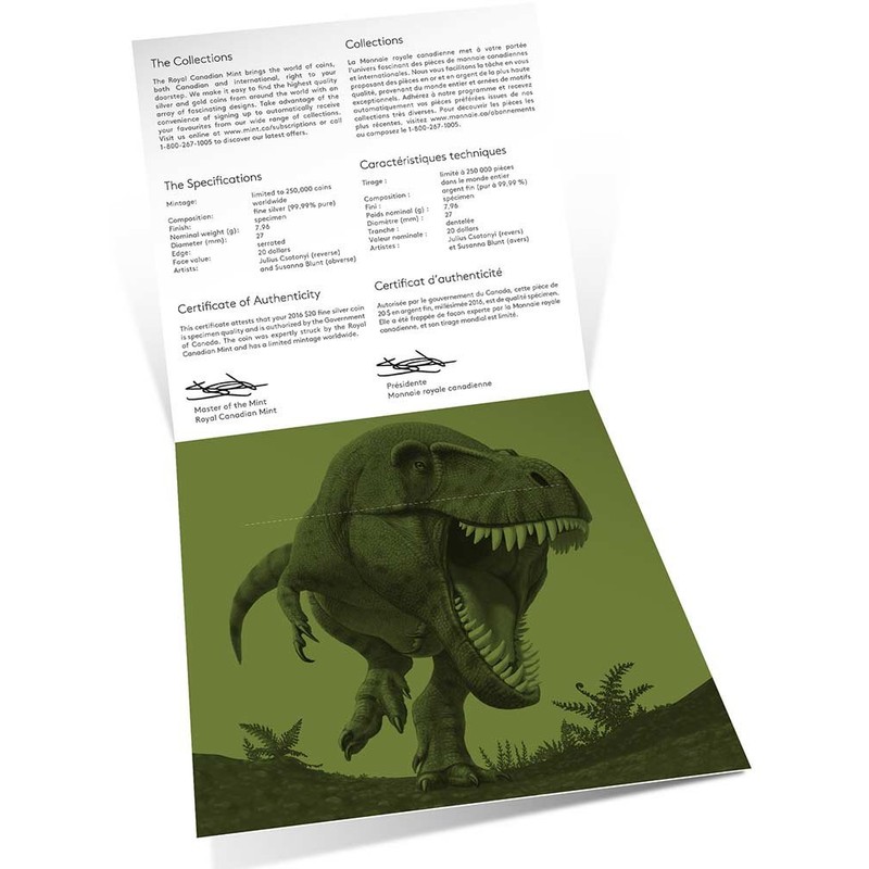 Tyrannosaurus Rex Dinosaurs Silver Coin 20 Dollars Canada 2016