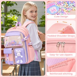 Amythe Children's Backpack Girls School Bag for 2nd 5th Grade, 24L School Backpack with Chest Strap, Cute Lightweight Casual Backpack Daypack for School or Travel, pink
