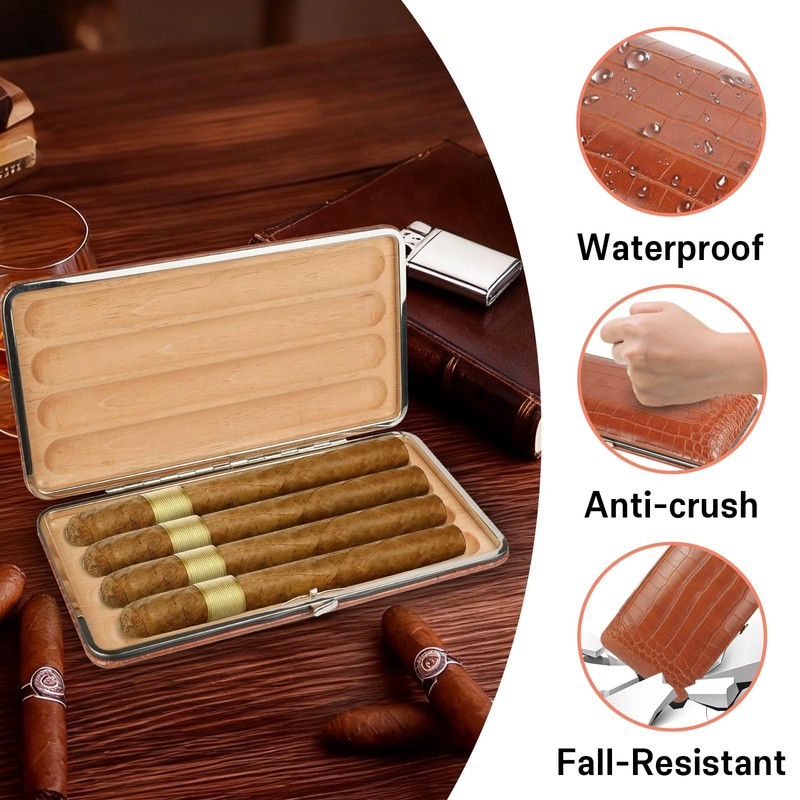 Cigar Travel Case Leather Cigar Humidor Cedar Wood Lining, 4-