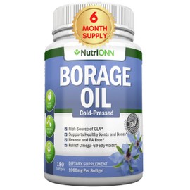 NutriONN Borage Oil - 1000 mg - 180 Softgels - Cold Pressed High GLA Borage Seed Oil - Hexane and PA Free - Great for Skin, Hair and Bones.