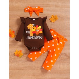 Thanksgiving Outfits Baby Girl My First Thanksgiving Romper+Polka Dot Pant+Headband Clothes Set