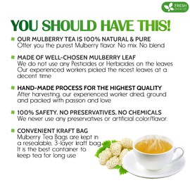 FreshDrinkUS, Premium 50 Mulberry Leaf Tea Bags, 100% Natural & Pure from Mulberry Leaves. Herbal Tea. Made with Natural Material Tea Bags. No Sugar, No Caffeine, No Gluten, Vegan.