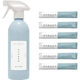Spruce Bathroom Starter Kit Bundle: Refillable Bath and Shower Cleaning Kit with Aluminum Eternity Bottle and 6 x Plastic-Free Concentrated Refills. Just-add-water. Eco friendly, Non-toxic. Vegan