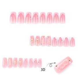 24 Pcs White French Tip Press on Nails Medium Square Shaped Fake Nails with 3D Floral Pearl Water Ripple Embossed Design Handmade Press on Nails Full Cover Acrylic Nails Stick on Nails for Women Nails