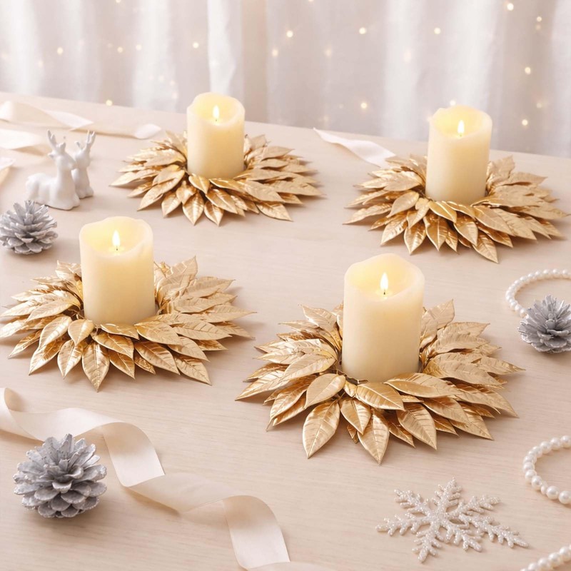 4 Pcs Christmas Artificial Gold Bay Leaf Candle Rings Gold