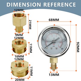 Innfeeltech 1 Pcs 60mm Pressure Gauge BSP 1/4" 0-7 Bar 0~100 Psi with 2 Pieces Bushing 1/4" to 3/8", 1/4" to 1/2" and 1 Piece Hex Nipple Reducing 1/4" to 1/8", One Teflon Tape, Radial