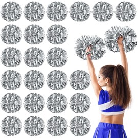 24 Pack Cheerleading Pom Poms with Baton Handle 15.7 Inch Metallic Cheering Squad Pompoms for Team Sports Football Dance Cheering Kids Adults (Silver)