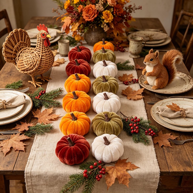 FJAKA 12 Pcs Velvet Pumpkin Mini Decor, Artificial Small Foam