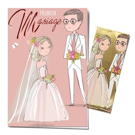 Afie 63-1157 Happy Wedding Card with Bookmark in Shiny Gold Illustrated with Bride and Groom Flowers Boho Chic Soft Pink - Envelope Included - Made in France