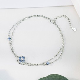 FH.bird Women's Blue Topaz Bracelet, November Birthstone, Four Leaf Clover, Lucky Flower, 925 Silver, Hypoallergenic Bracelet, Blue, Simple Accessory, Mother's Wife, Girlfriend, Gift, Birthday,