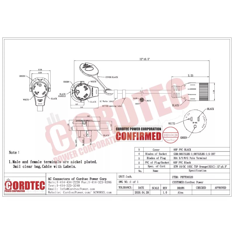 AC WORKS® 30A Piggy-Back TT-30 Plug to NEMA 5-20 Household