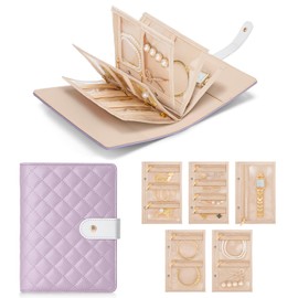 WOOMADA Travel Jewelry Organizer Case, Foldable Velvet Jewelry Storage Book with Clear Zipper Pouch for Rings, Necklaces, Earrings, Bracelets(Lavender)