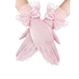 DPWOUM 1 pair pink Women Lace Gloves, Elegant Sunblock Bridal Wrist, Bow Short for Opera Evening Wedding Tea Party Prom Cosplay