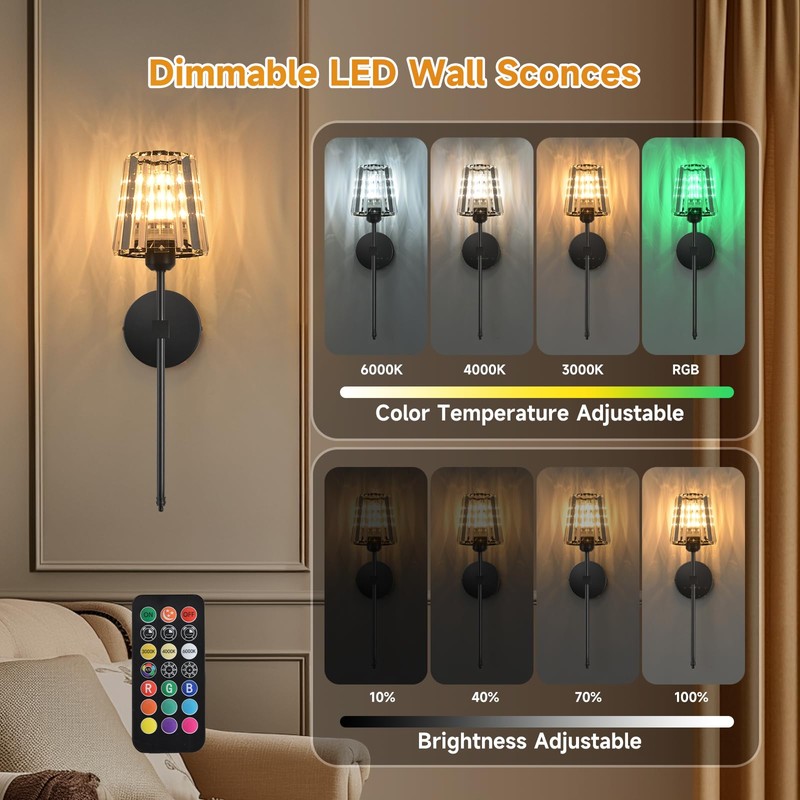 Battery Operated Crystal Wall Sconces Set of 2, Black Wireless