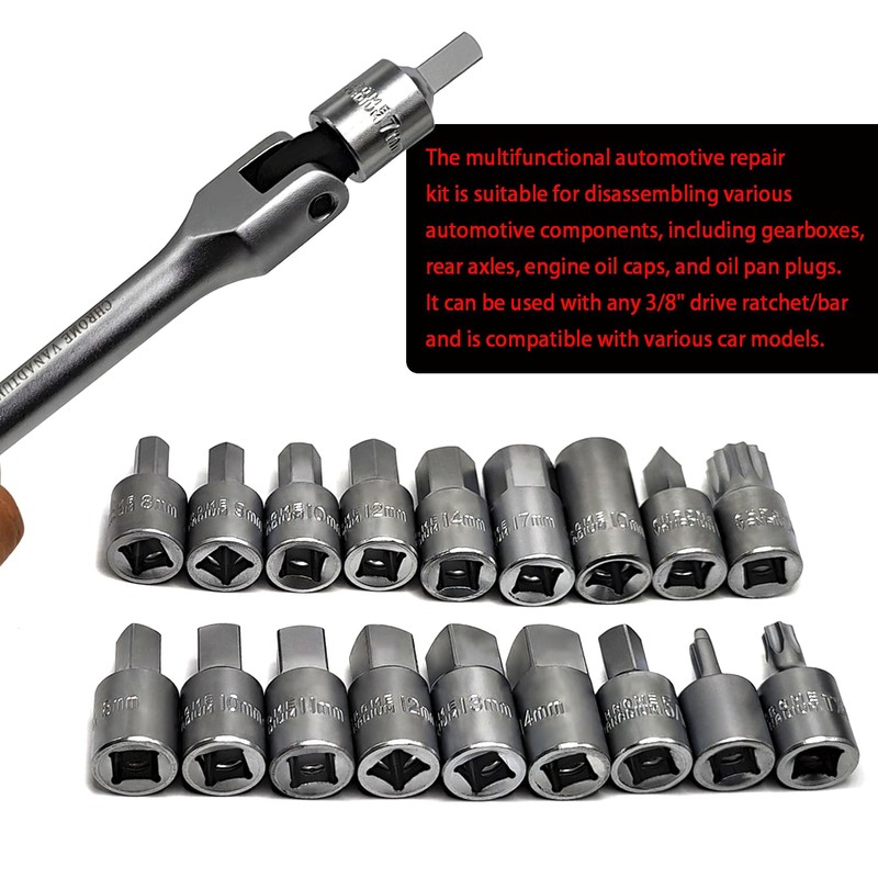 JEUCLEL 20PCS 3/8" Drive Oil Drain Sump Plug Key Set,