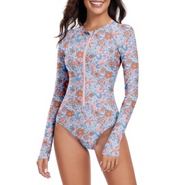 Century Star Long Sleeve Swimsuits for Women 2024 Rash Guard UPF 50+ One Piece Surfing Modest Full Coverage Zipper High Neck Cute Athletic Sporty Bathing Suit Swimwear Purple Orange Floral 6-8