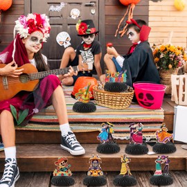 VorkiVecKi Day of The Dead Decorations, 9 Pcs Mexican Table Honeycomb Centerpieces Decor for Dia De Los Muertos, Skull Party Fiesta Holiday Supplies Cartoon Taco Guitar Skeleton Ornaments for Kids