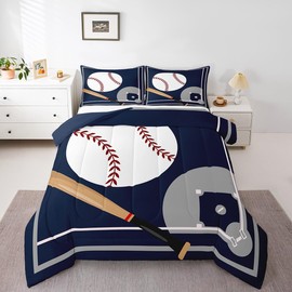 Erosebridal Baseball Bedding Set Twin Size,Sports Themed Comforter Sets for Kids Boys Girls Room Decor,Dark Blue White Baseball Quilt Bed Set Ball Games Bed Comforter Set with 1 Pillowcase