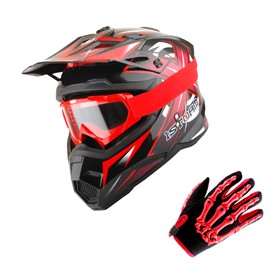 1Storm Motocross Adult Helmet BMX MX ATV Dirt Bike Helmet Racing Red + Goggles + Skeleton Red Glove Bundle