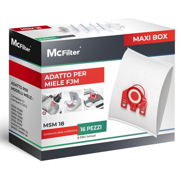 McFilter | 16 Dust Bags Suitable for Miele Hoover FJM Series S2 S3 S4 S5 S6 S7, Complete C1, Compact C1/C2 | Includes 8 Filters with Automatic Dust Seal | MAXI BOX