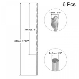 TA-VIGOR 6Pcs 4.5mm Extra Long Twist Drill Bits, 200mm Length High-Speed Steel HSS Straight Shank Spiral Drill Bits for Wood Metal Aluminum Plastic