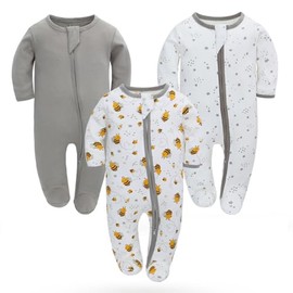 Pack of 3 Baby Pyjamas Sleepsuits Toddler Cotton Girls Romper 2-Way Zip Feet Pyjamas 3-6 Months