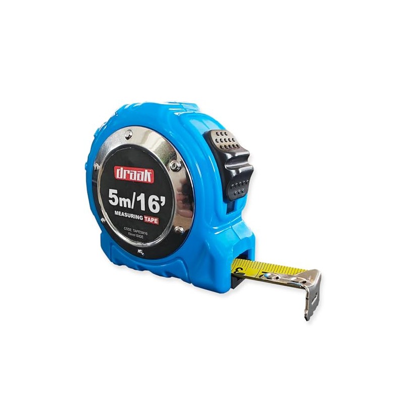 DRAAK Tape Measure, 5m/16ft, Thumb Lock, Button Stop, Belt Clip,