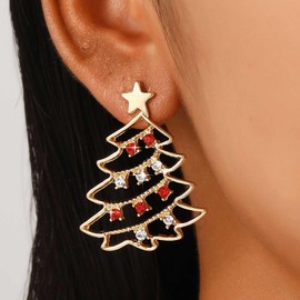 Cimenexe Vintage Crystal Christmas Tree Earrings Emerald Christmas Tree Drop Earrings Hollow Christmas Tree Stud Earrings Christmas Earrings Jewellery for Women, Zinc, No Gemstone