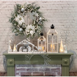 Boston International Christmas Wreath for Front Door and Wall Winter Holiday Decorations, 26-Inches, White Poinsettia Silver Ball