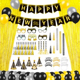 101 Pcs New Years Eve Party Supplies 2025 Happy New Year Headband Cone Hats Party Blowers Fringed Noise Makers Bead Necklaces New Year Eyeglasses Balloons for Happy New Year's Eve Christmas Decor