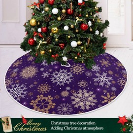 Christmas Tree Skirt Purple Gold White Snowflakes Small Xmas Decoration 36 inch Holiday Burlap Tree Mat Cover for 4 ft Trees