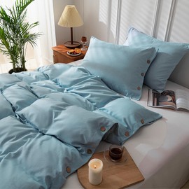 MUKKA Duvet Cover Set King Size Coconut Button Closure Linen-Like Style 145g-Weight Durable Brushed Microfiber Soft Modern King Duvet Cover (Light Blue ，King
