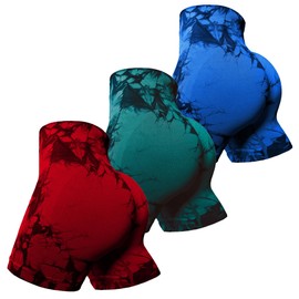 OVESPORT - Pantalones cortos de entrenamiento para mujer, levantamiento de glúteos, cintura alta, yoga, gimnasio, sin costuras, pantalones cortos, Zafiro/Cian/Rojo, M