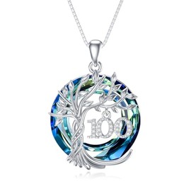 100th Birthday Gifts s925 Sterling Silver Family Tree of Life Pendant Necklace with Blue Crystal 100 Year Old Jewelry Anniversary Valentine Christmas Motehrs Day Birthday Gifts for Mom Wife Grandma Mother