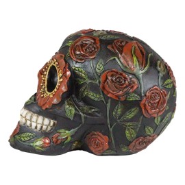Gothic Day of The Dead Red Floral Roses With Green Foliage Skull Figurine