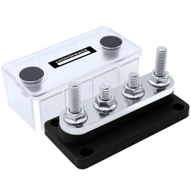 AMOMD 300A Bus Bars 4 Studs (5/16 inch) M8 Nickel Plated Copper Distribution Block Negative Electrical Buss Bars 12-48 V DC with Cover for Trailer Marine Boat Car RV (Black)