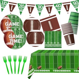 Football Plates, Football Party Decorations Football Party Supplies Serve 24 Includes Paper Plates and Napkins, Forks, Cups, Banner, Touchdown Tablecloth for Football Birthday Party Football Game Day